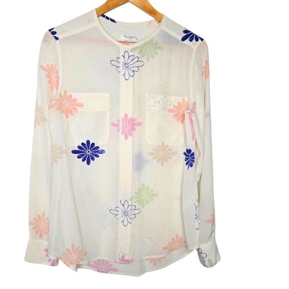 Equipment Femme Ivory Pastel Floral Print Silk Hidden Button Front Blouse Medium - Picture 1 of 7